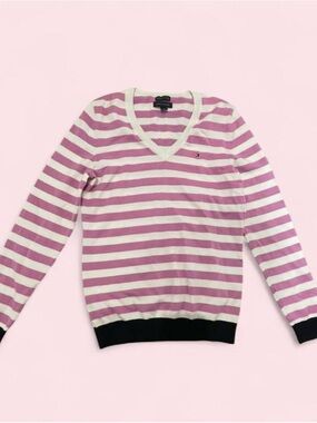 Tommy Hilfiger Pink and White Striped V-Neck Sweater with Black Trim